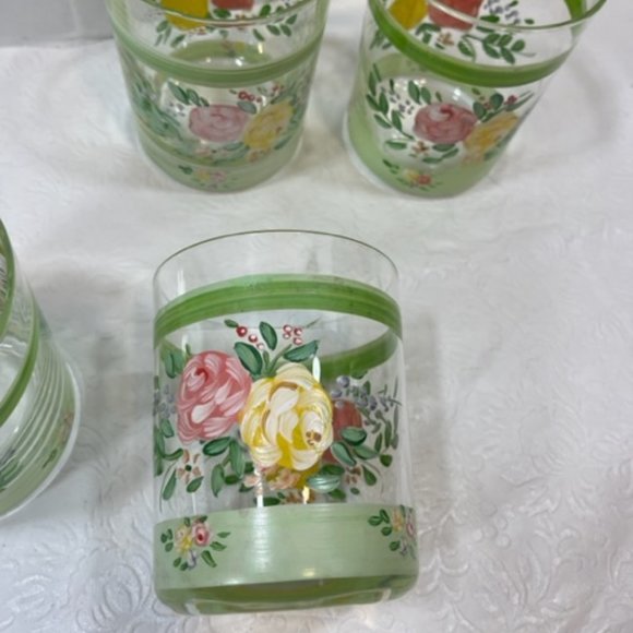VTG Hand Painted Wide Rim Floral Drink Glasses Double Old Fashion 16oz SET OF 4 - Picture 10 of 15